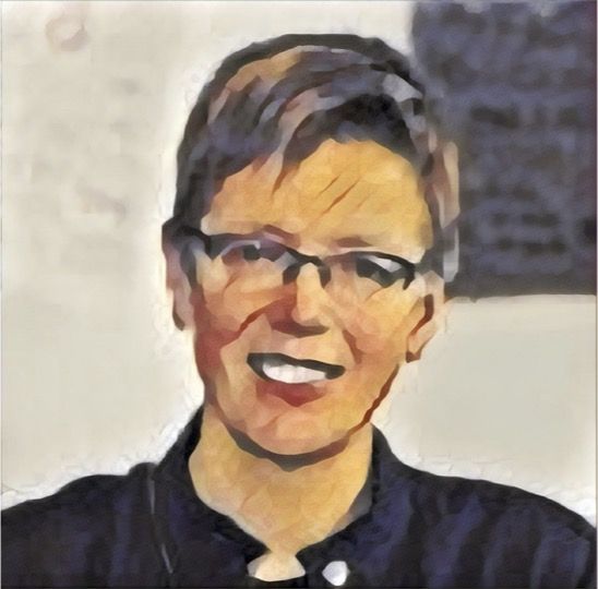 A stylized image of Jutta Treviranus, a woman with short hair and glasses wearing a dark shirt.